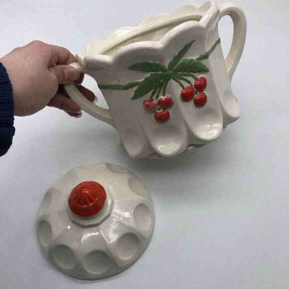 Vintage Westmoreland Hand Painted Cherry Thumbprint Panel Cookie Jar With Lid - Picture 4 of 13